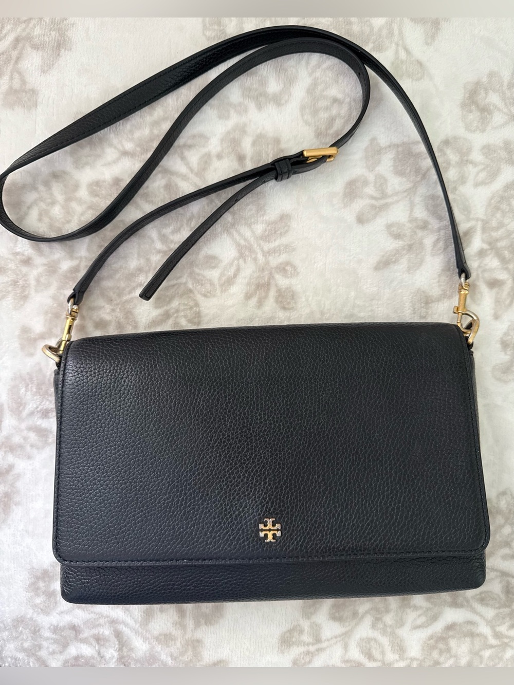 Tory Burch Blake Flap Black Pebbled Leather Small Crossbody